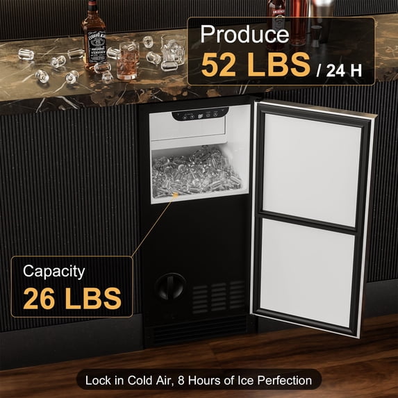 OUTBID 15"W Under Counter Clear Ice Maker, 52 lbs/Day Output, Spray Technology, Internal Filtration System, Self-Cleaning, UL Certified, for Home and Commercial Applications
