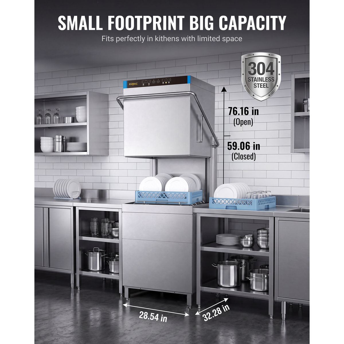 RIOXC Commercial Dishwasher, 60 Rack/H High-Temperature Door-Type Dishwasher, 194℉ High-Temp Sanitizing, 208-240V 1 or 3 Phase, Stainless Steel, CSA & ETL Certified for Restaurants, Hotel, Banquet Kitchen