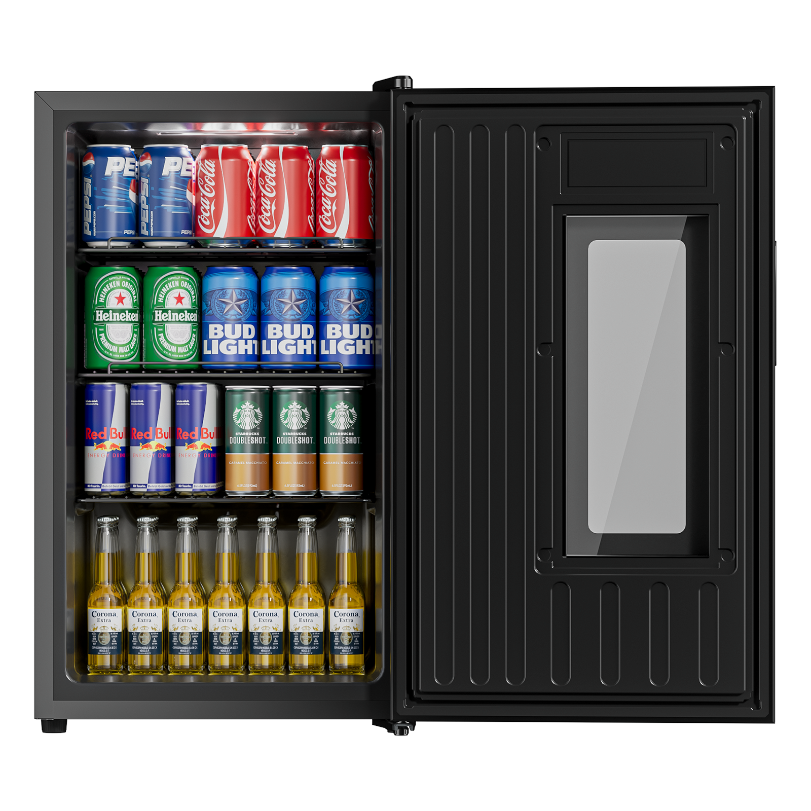 RIOXC Beverage Refrigerator 95 Can Beer Fridge with 21°F Ultra-Cold Turbo Chill Quiet Low-E Glass Door Slushy Chill for Bedroom Office Black
