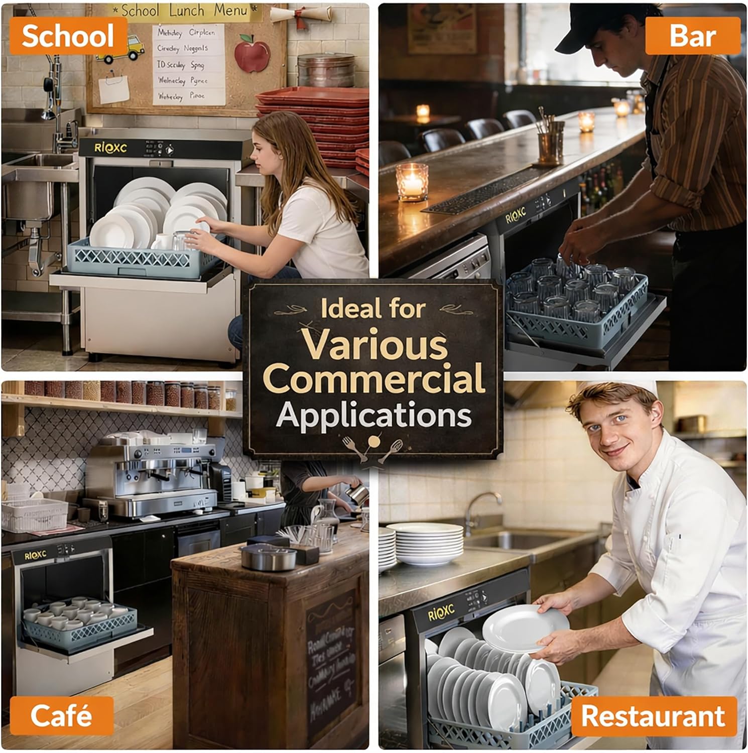 RIOXC Commercial Dishwasher, High-Temp Undercounter Dishwasher, 40 Racks/Hr, 208-240V, Stainless Steel, NSF & ETL Certified for Restaurant, Bar & Café