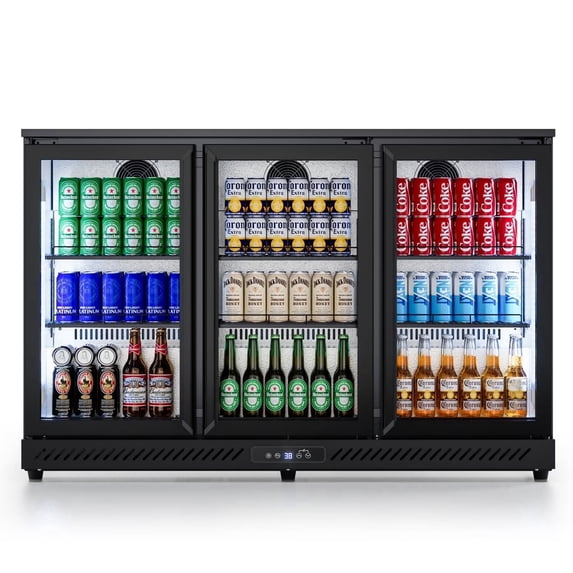 RIOXC 11.45 Cu.Ft Back Bar Beverage Cooler with Low-E Glass Auto Defrost, 3 Door Commercial Under Counter Fridge for Beer, Soda, Wine, Triple Fan Cooling, ETL and NSF Approved