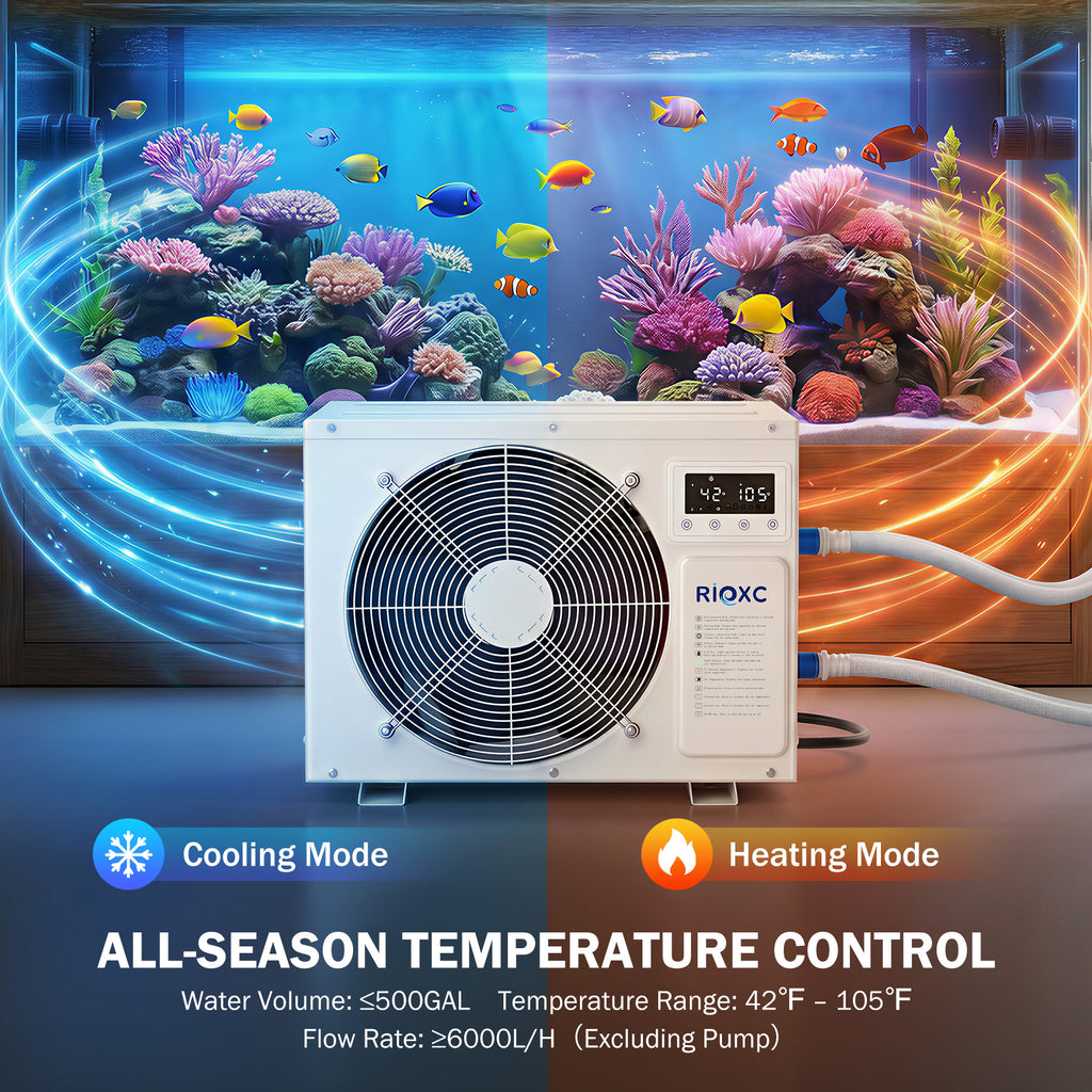 1.5 HP Aquarium Chiller, 500 Gallon Heating & Cooling Water Chiller for Fish Tank, Axolotl, Coral Reef, Hydroponics, 42–105°F Temp Control, Titanium Evaporator, R32, for Freshwater & Saltwater