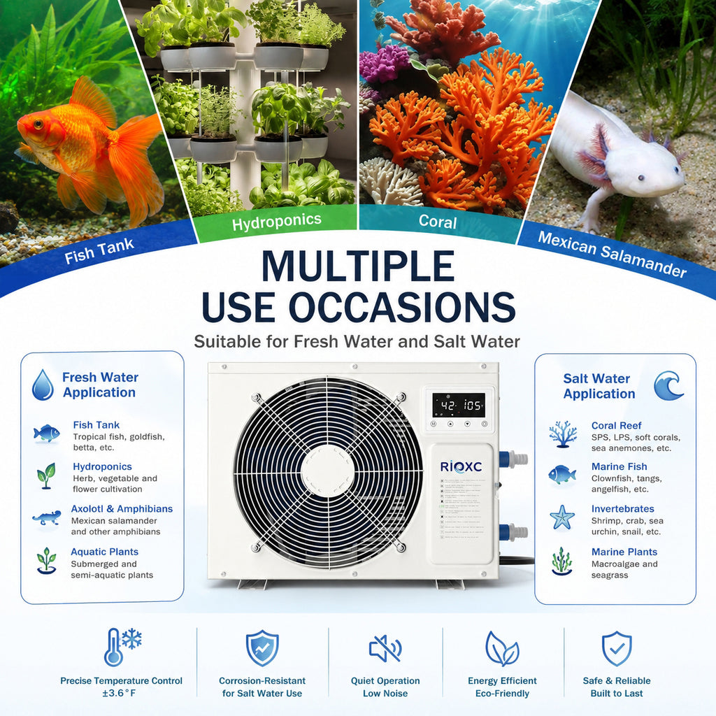 1.5 HP Aquarium Chiller, 500 Gallon Heating & Cooling Water Chiller for Fish Tank, Axolotl, Coral Reef, Hydroponics, 42–105°F Temp Control, Titanium Evaporator, R32, for Freshwater & Saltwater