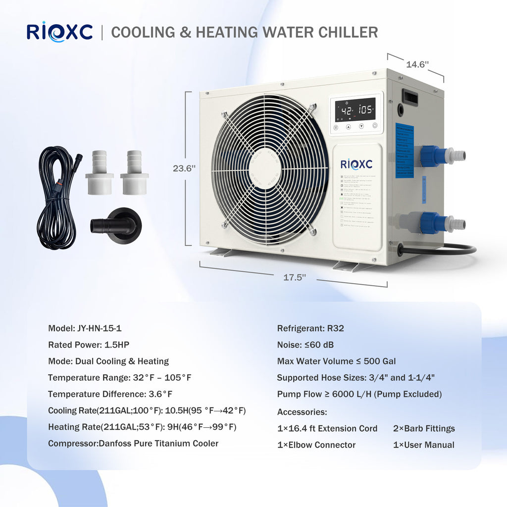 1.5 HP Aquarium Chiller, 500 Gallon Heating & Cooling Water Chiller for Fish Tank, Axolotl, Coral Reef, Hydroponics, 42–105°F Temp Control, Titanium Evaporator, R32, for Freshwater & Saltwater
