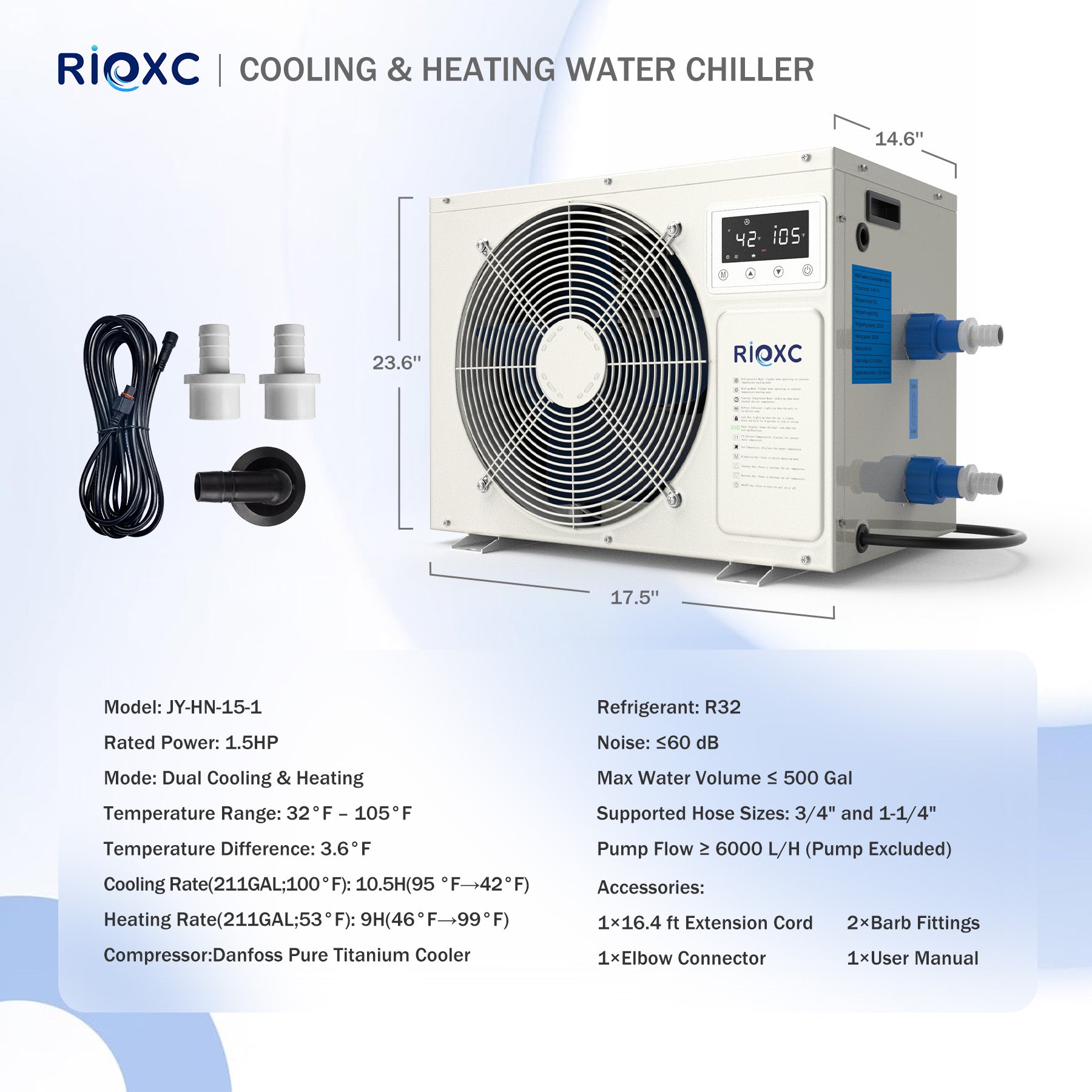1.5 HP Aquarium Chiller, 500 Gallon Heating & Cooling Water Chiller for Fish Tank, Axolotl, Coral Reef, Hydroponics, 42–105°F Temp Control, Titanium Evaporator, R32, for Freshwater & Saltwater