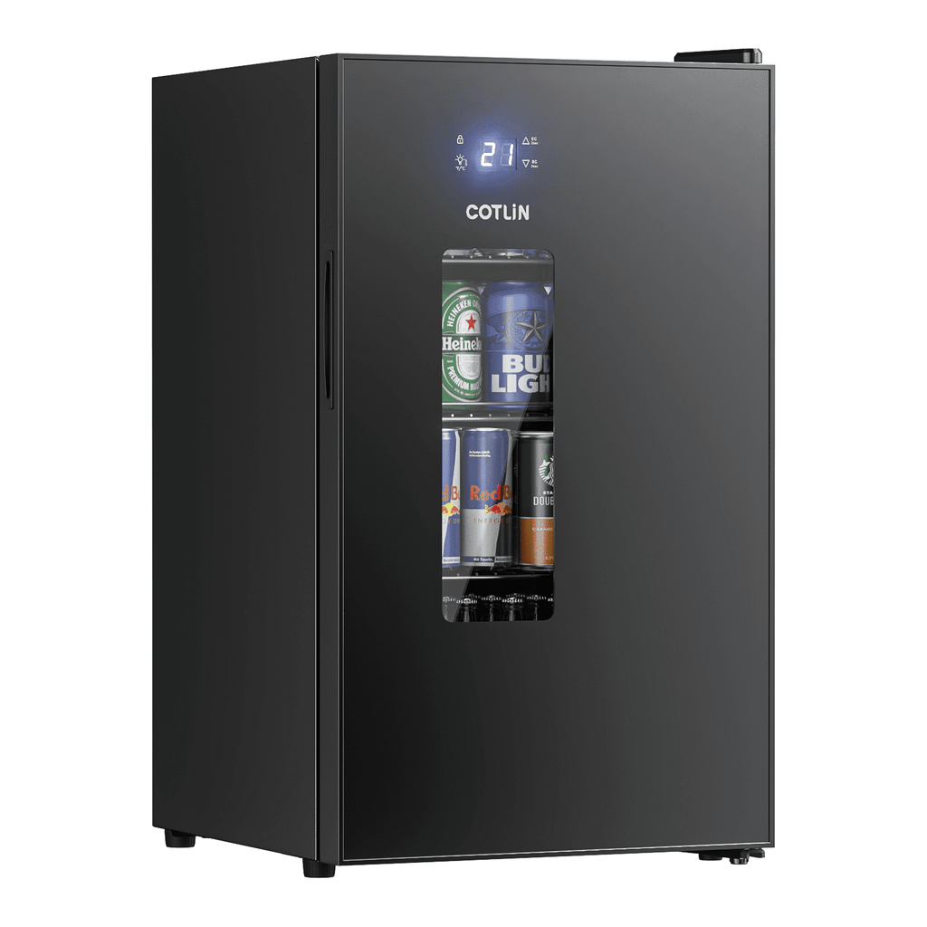 RIOXC Beverage Refrigerator 95 Can Beer Fridge with 21°F Ultra-Cold Turbo Chill Quiet Low-E Glass Door Slushy Chill for Bedroom Office Black
