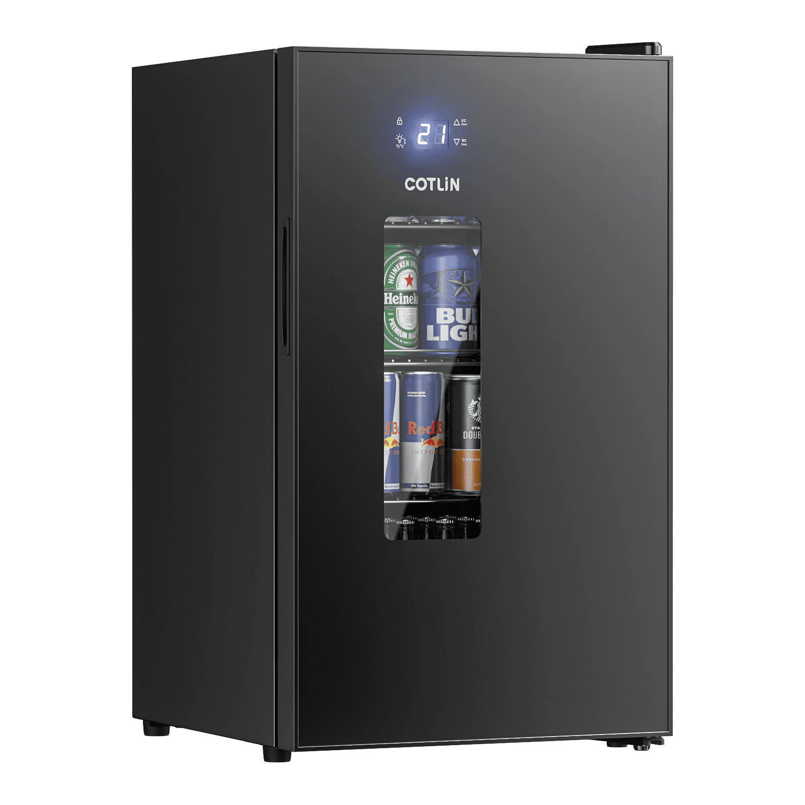 RIOXC Beverage Refrigerator 95 Can Beer Fridge with 21°F Ultra-Cold Turbo Chill Quiet Low-E Glass Door Slushy Chill for Bedroom Office Black