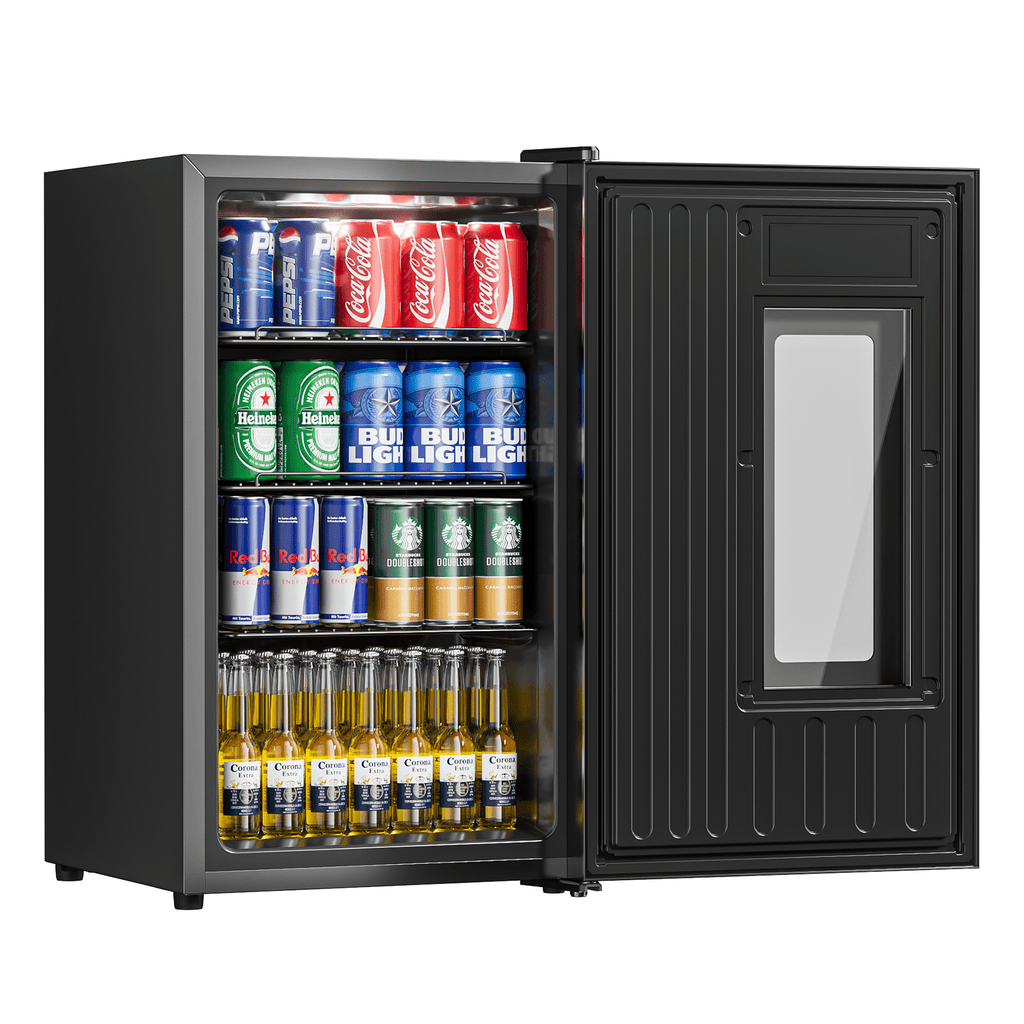 RIOXC Beverage Refrigerator 95 Can Beer Fridge with 21°F Ultra-Cold Turbo Chill Quiet Low-E Glass Door Slushy Chill for Bedroom Office Black