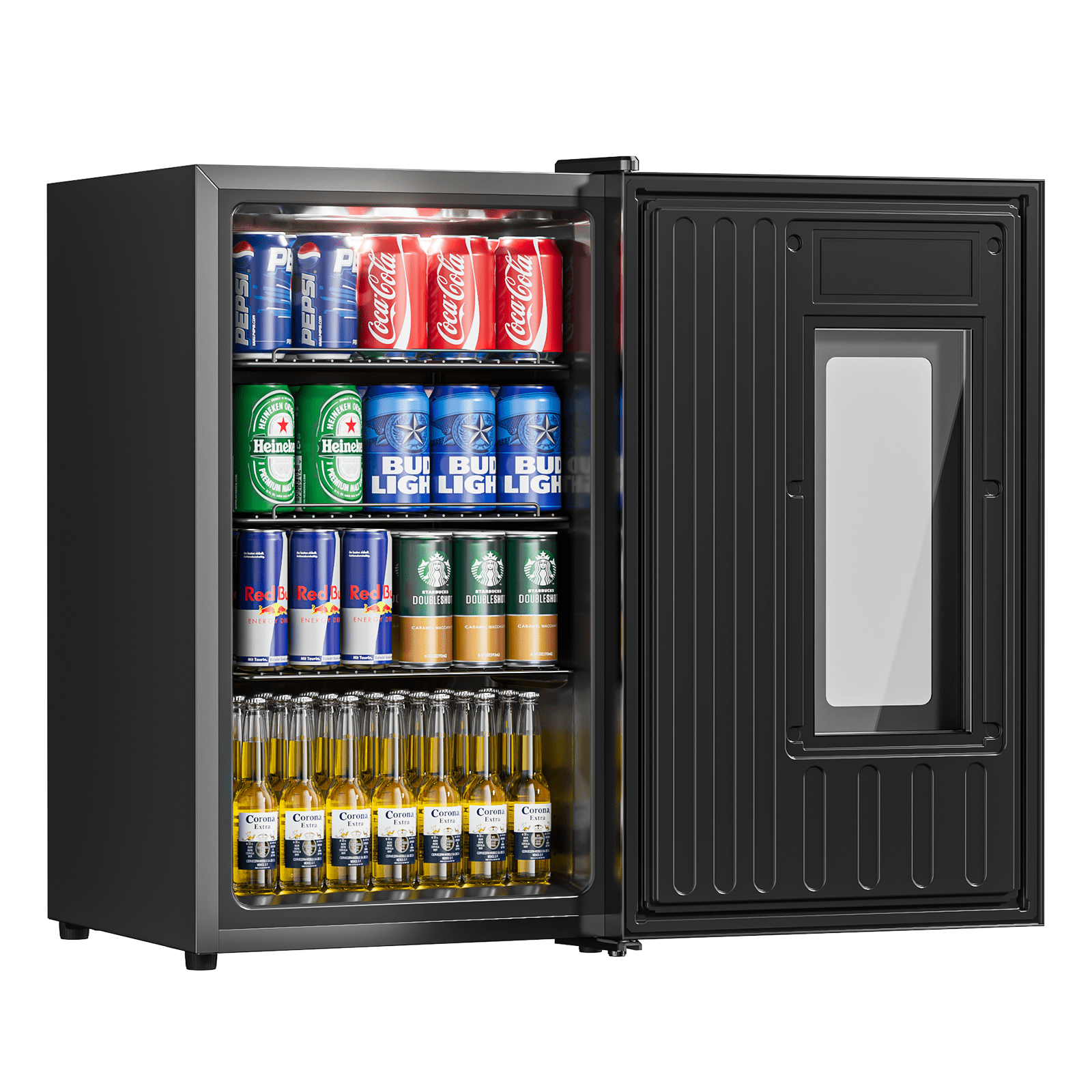 RIOXC Beverage Refrigerator 95 Can Beer Fridge with 21°F Ultra-Cold Turbo Chill Quiet Low-E Glass Door Slushy Chill for Bedroom Office Black