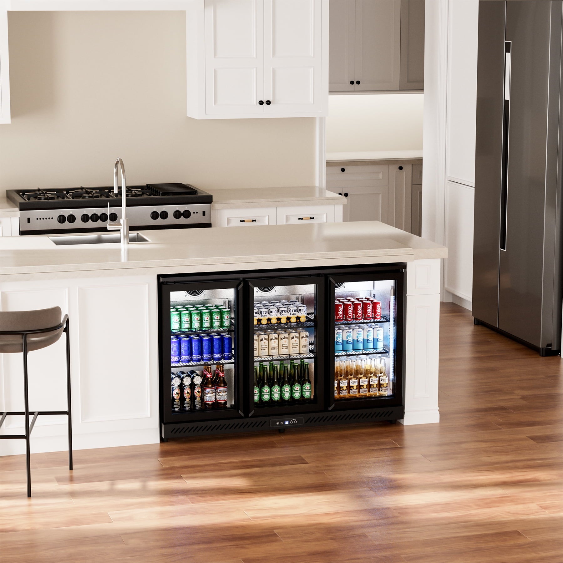 OUTBID 53" Under Counter Beverage Refrigerator, 12.5 Cu.Ft Three-Sided Glass Door Display Cooler with LED Lighting and LCD Screen, Ideal for Beer, Soda, Wine, Perfect for Kitchen, Shop, and Bar Use