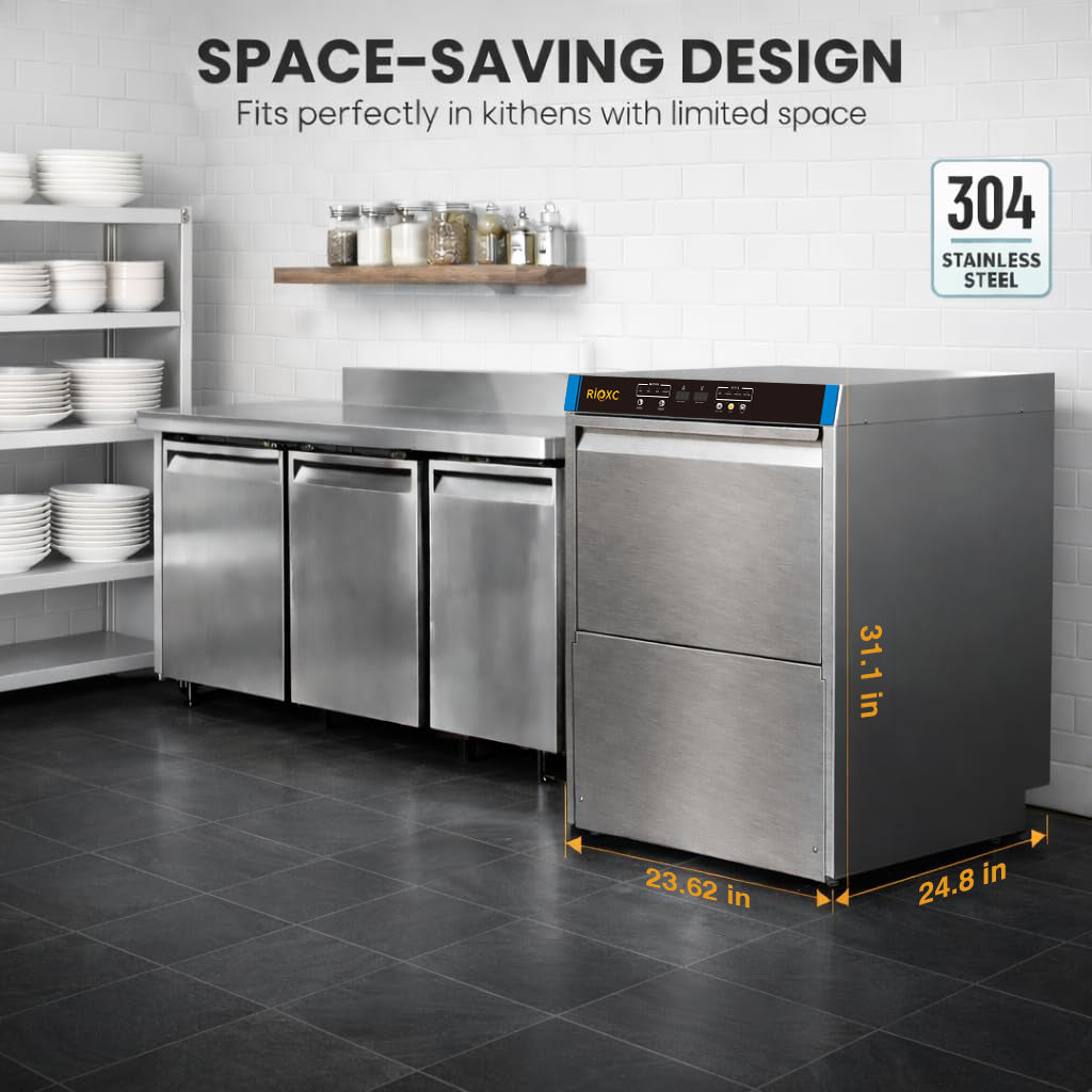 RIOXC Commercial Dishwasher, High-Temp Undercounter Dishwasher, 40 Racks/Hr, 208-240V, Stainless Steel, NSF & ETL Certified for Restaurant, Bar & Café